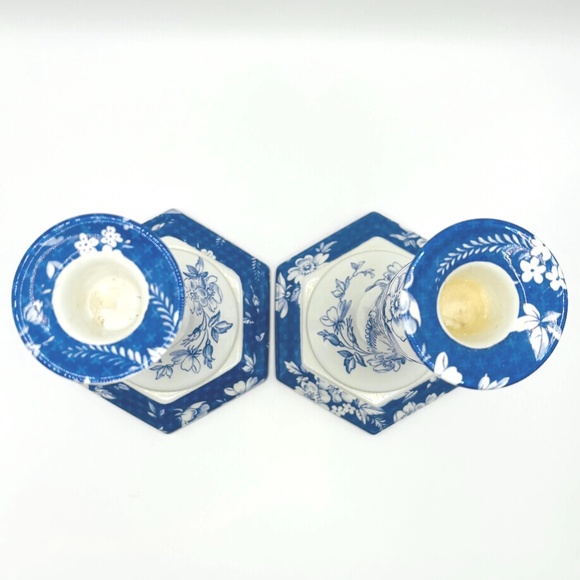 Vintage Spode Penny Lane Honeywall Blue & White Porcelain Candlesticks - Pair - Picture 4 of 15
